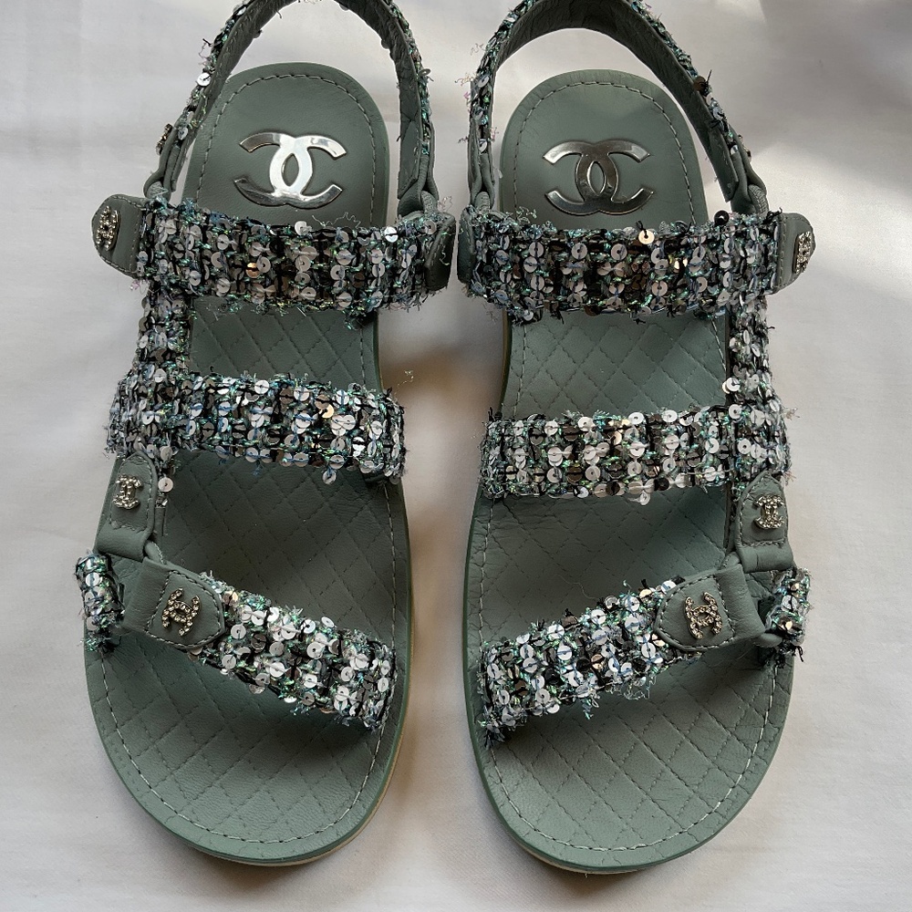 Chanel CC Glittered Tweed Sequin Lambskin Dad Sandals 39.5 Teal Blue Pink White